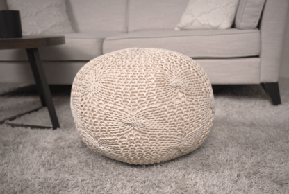 Bordeaux Knitted Cotton Round Pouf, Beige